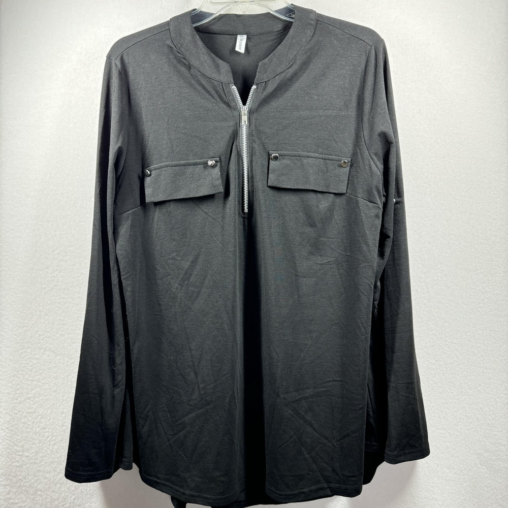 Kymore Shirt Womens XL Black Solid Zip Front Long Sleeve Tunic Top Stretch